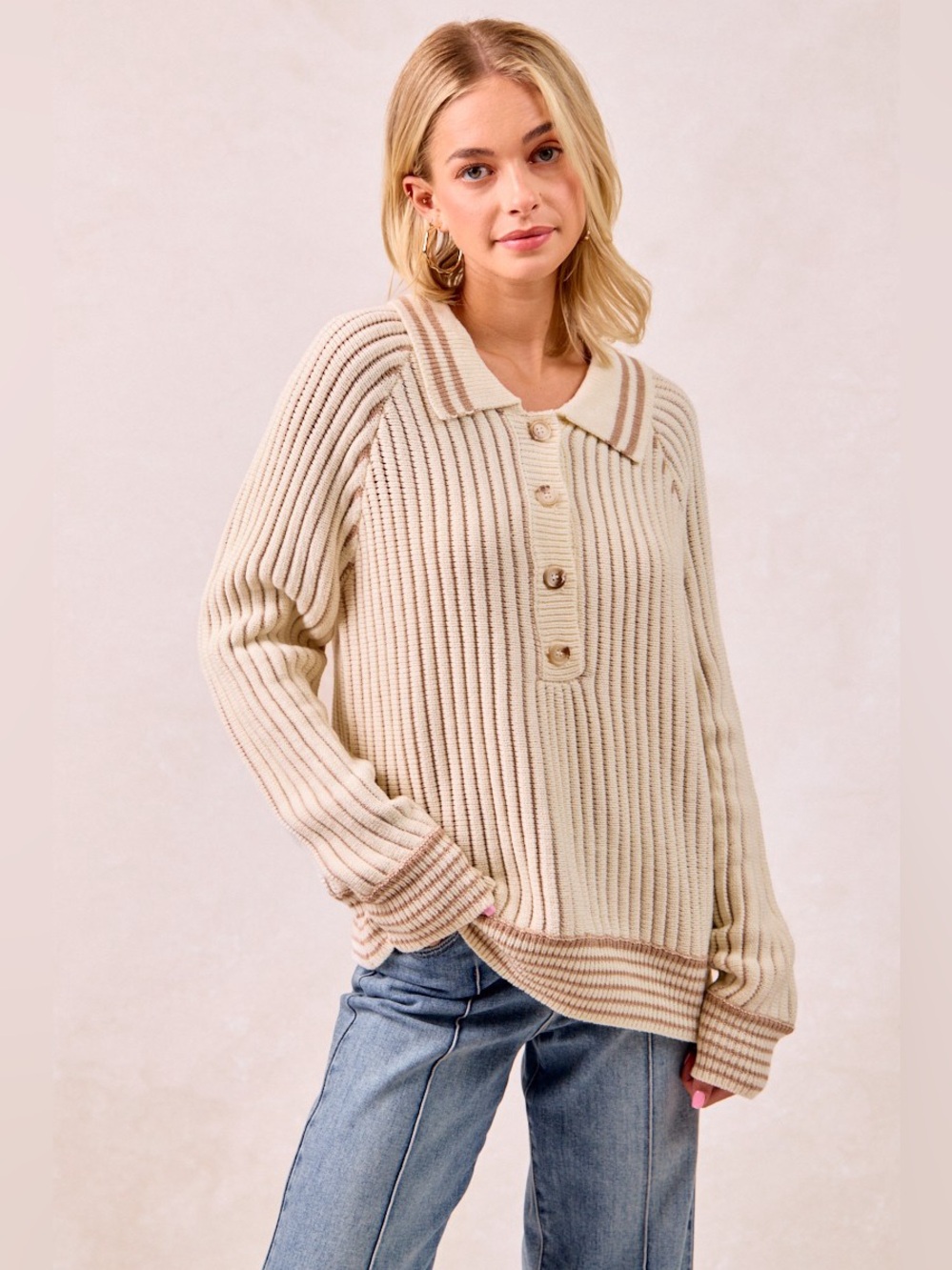 BiBi Half Button Ribbed Two Tone Sweater
